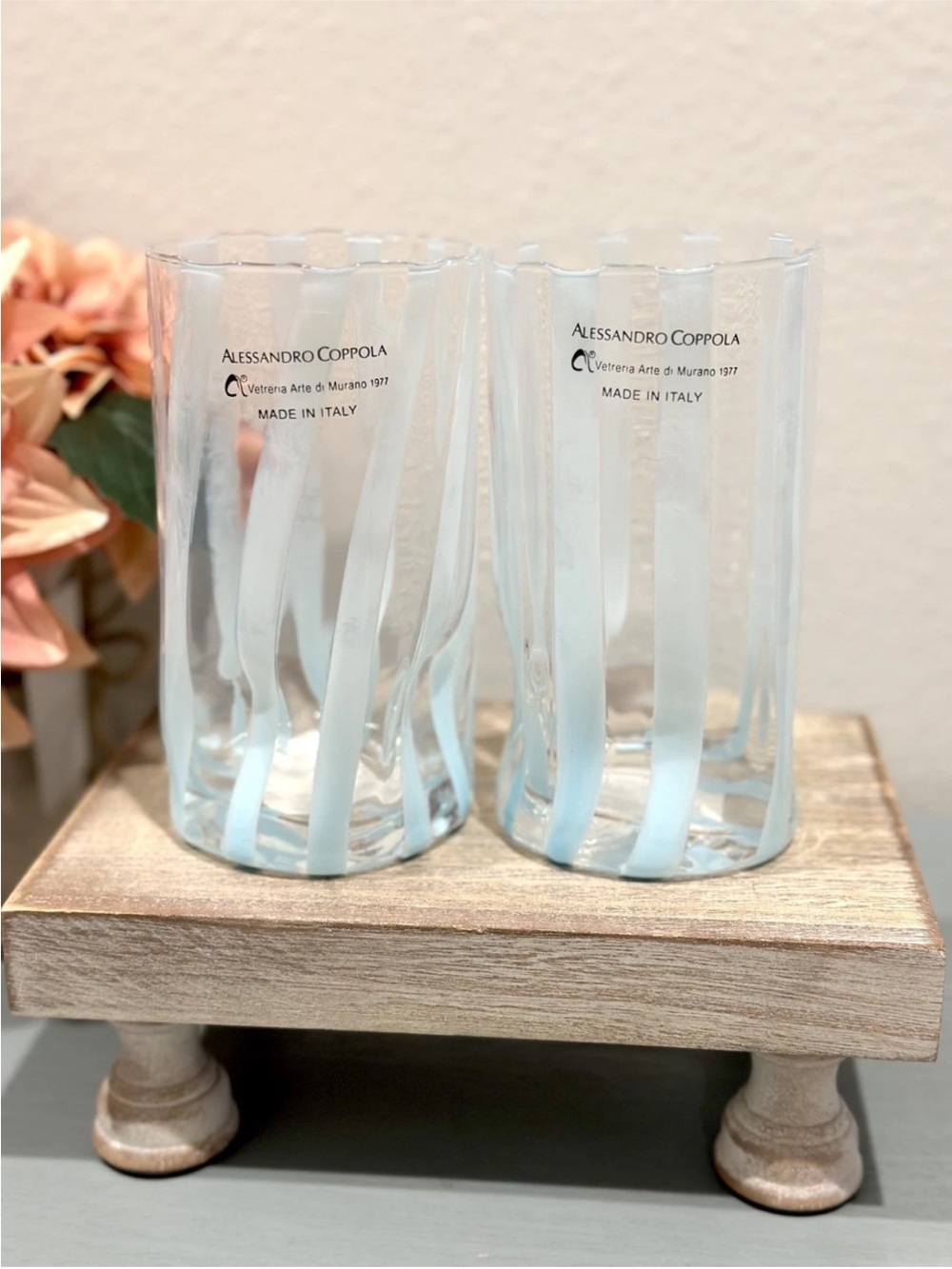 Set of 2 Murano Alessandro Coppola
Light Blue Striped 5.75" Indented
Glasses